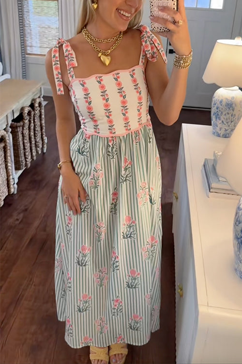 Karleedress Tie Shoulder Back Lace-up Striped Floral Maxi Cami Dress