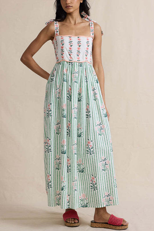 Karleedress Tie Shoulder Back Lace-up Striped Floral Maxi Cami Dress