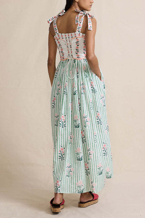 Karleedress Tie Shoulder Back Lace-up Striped Floral Maxi Cami Dress
