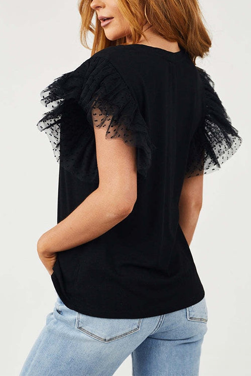 Karleedress Round Neck Polka Dot Ruffle Short Sleeves Top