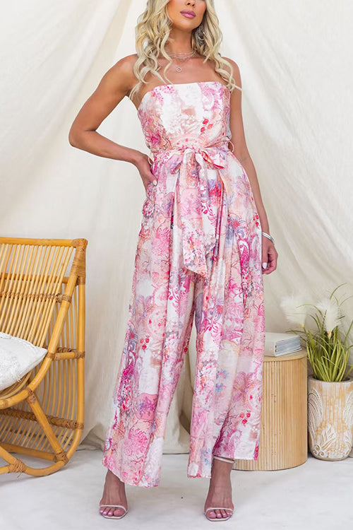 Strapless Bow Waist Floral Print Slit Wide Leg Jumpsuit