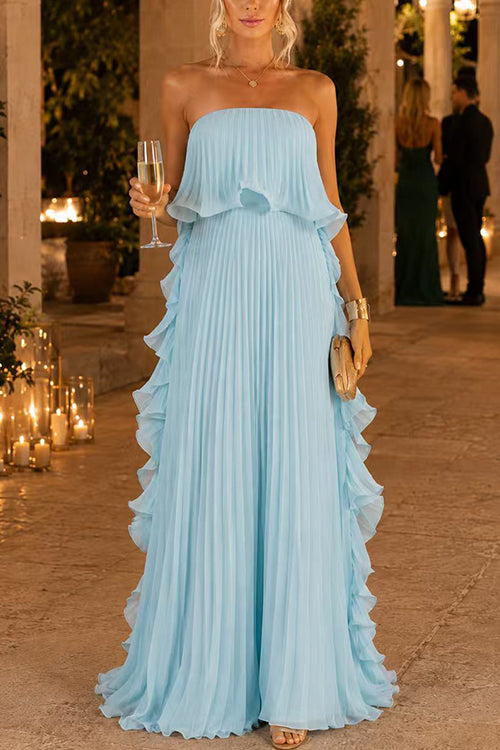 Karleedress Strapless Tube Ruffle Pleated Swing Maxi Dress