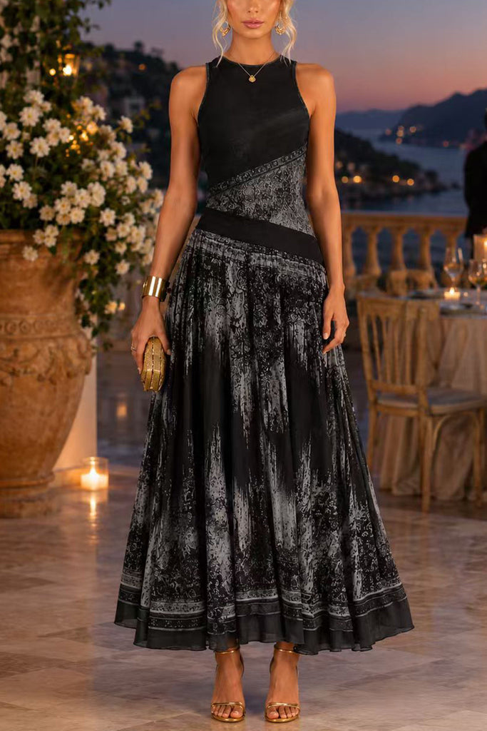 Karleedress Crewneck Sleeveless Printed Flowy Maxi Dress