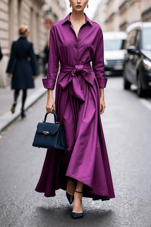 Karleedress Lapel Long Sleeves Button Up Tie Waist Maxi Dress