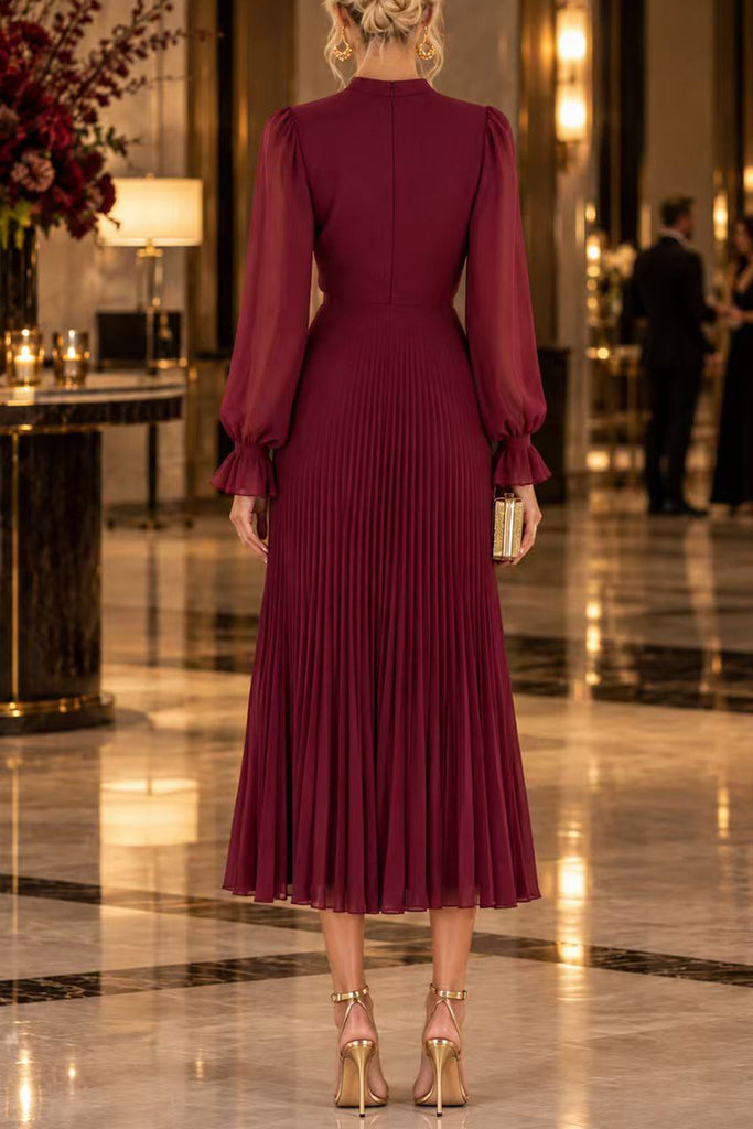 Karleedress Mock Neck Sheer Sleeve Pleated Ruffle High-Low Midi Dress (A)