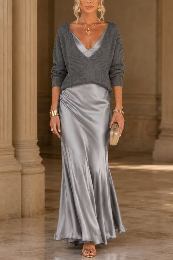 Karleedress V Neck Drop Shoulder Sweater and Satin Maxi Cami Dress Set (B)