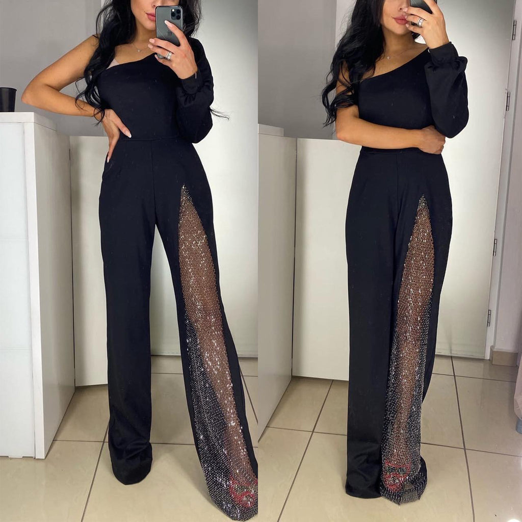 Karleedress Stylish One Shoulder Slit Long Sleeve Mesh Splice Wide Leg Jumpsuit