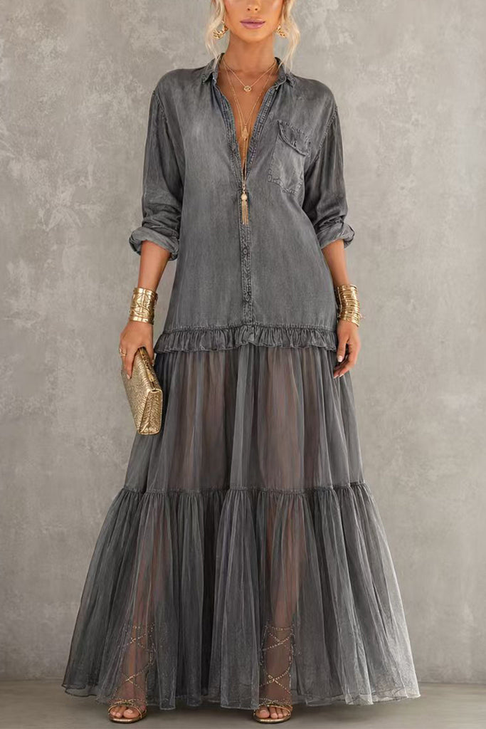 Karleedress Lapel Long Sleeves Organza Splice Ruffle Denim Maxi Dress