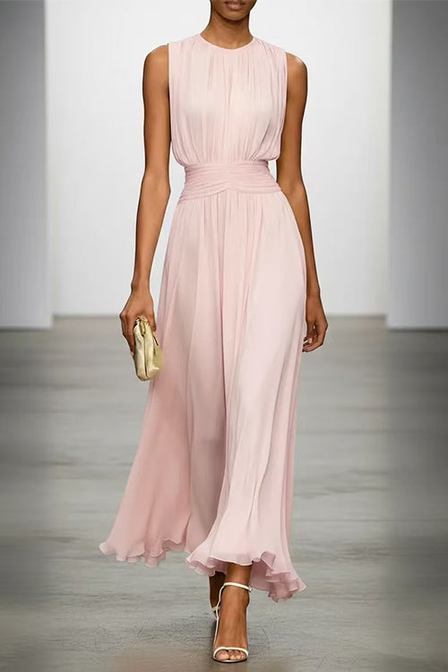 Karleedress Crewneck Sleeveless Zipper Back Waisted Maxi Dress