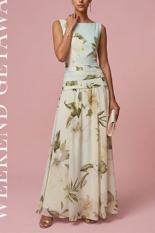 Karleedress Boat Neck Sleeveless Floral Print Flowy Maxi Dress
