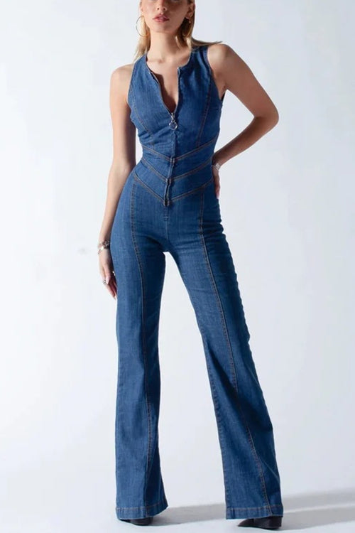 Karleedress Zip Up Sleeveless Heart Back Bell Bottom Denim Jumpsuit