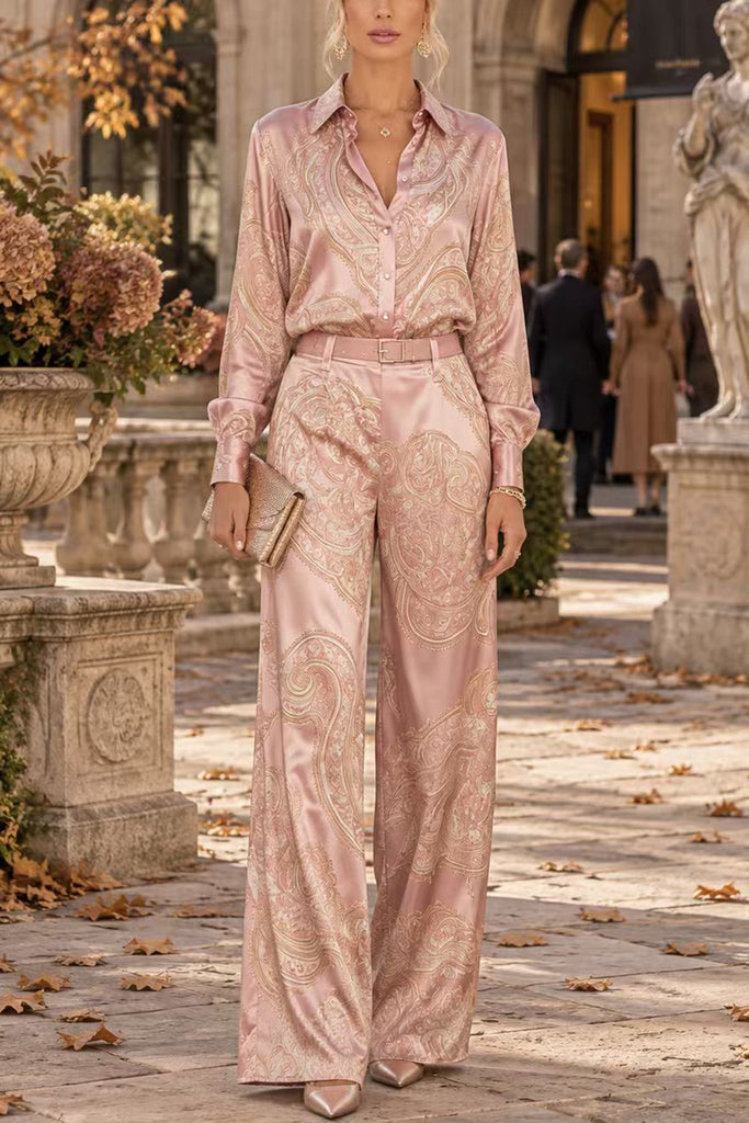 Karleedress Lapel Long Sleeves Shirt High Rise Pocketed Straight Leg Pants Paisley Print Set (B)