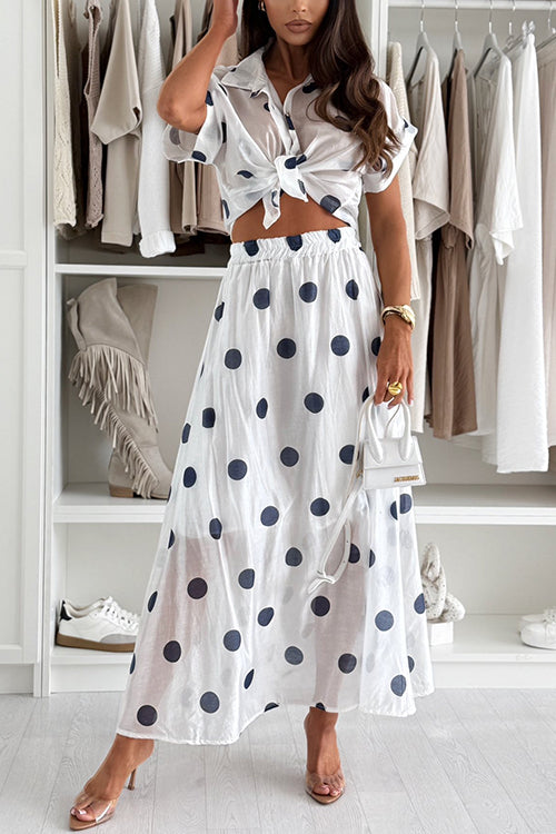 Lapel Button Up Short Sleeves Polka Dot Top