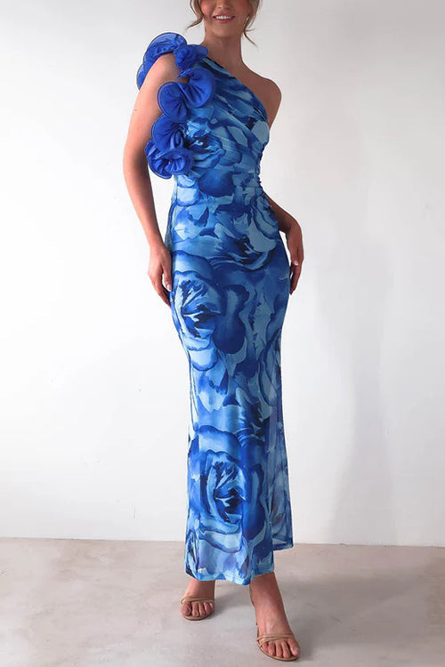 Karleedress Ruffle One Shoulder Floral Print Bodycon Maxi Dress