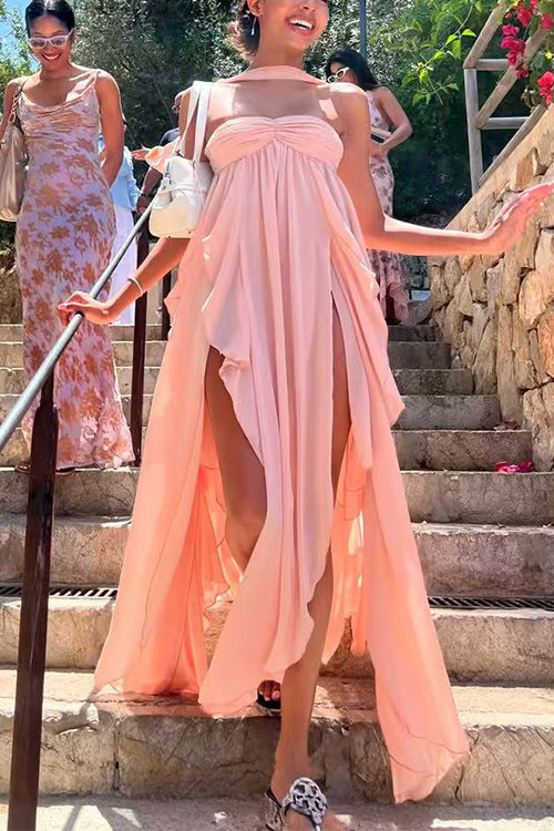 Karleedress Sleeveless Open Back Ruffle Trim Slit Maxi Dress