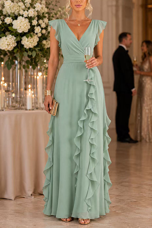 Karleedress V Neck High Waist Solid Ruffle Maxi Dress