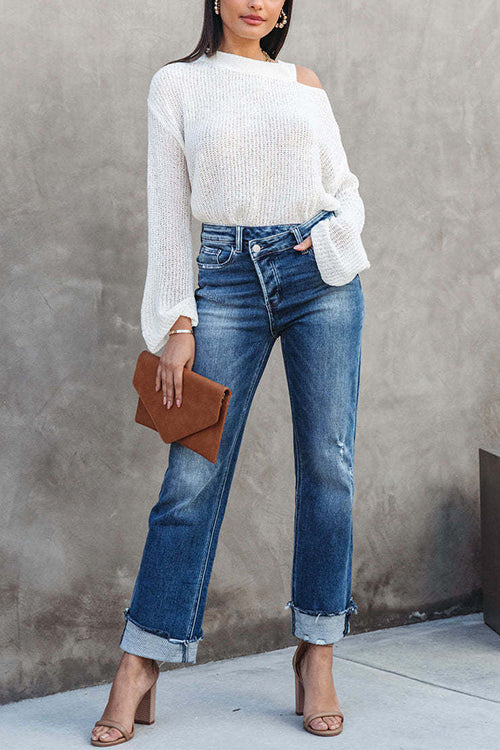 Karleedress High Waist Straight Leg Ripped Denim Pants