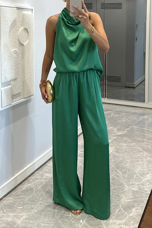 Cowl Neck Sleeveless Top and Wide Leg Pocketed Pants Satin Set