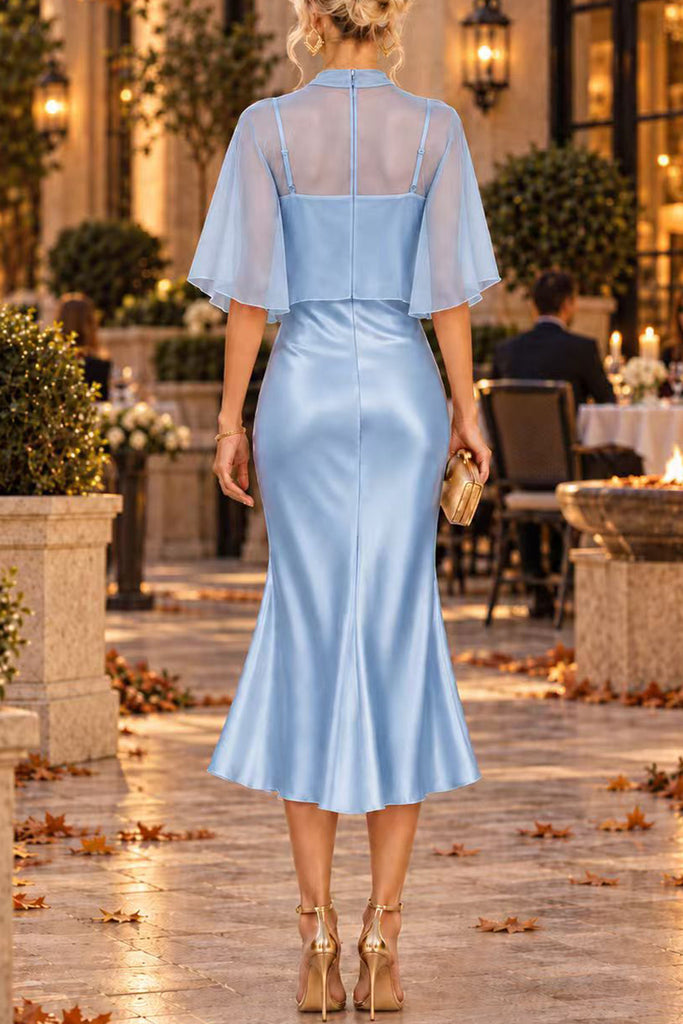 Karleedress Mock Neck Chiffon Cape Overlay Satin Midi Dress Set (B)