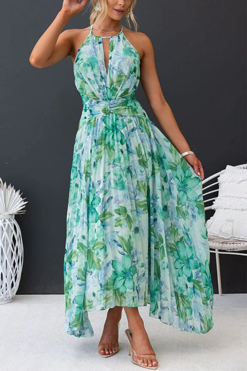 Karleedress V Neck Waisted Cut Out Floral Pleated Maxi Dress