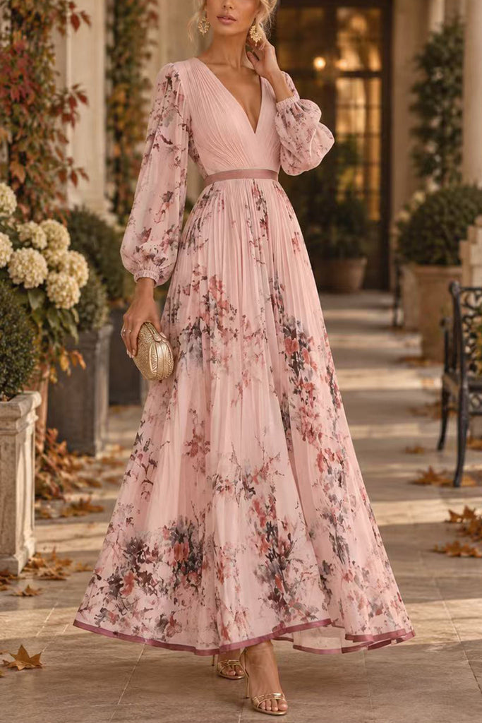 Karleedress V Neck Lantern Long Sleeves Floral Print Pleated Maxi Dress (B)