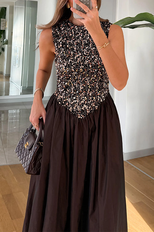 Karleedress Crewneck Sleeveless Glitter Sequin Splice Maxi Dress