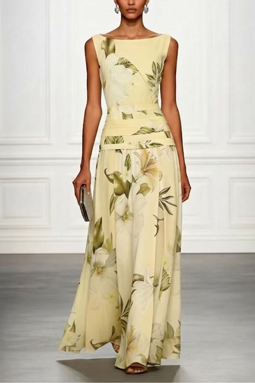 Karleedress Boat Neck Sleeveless Floral Print Flowy Maxi Dress