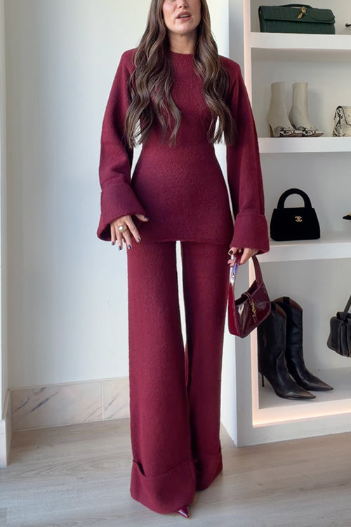 High Waist Roll Hem Wide Leg Pants