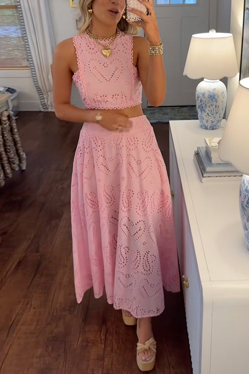 Karleedress Lace Hollow Out Sleeveless Crop Top High Waist Maxi Skirt Set