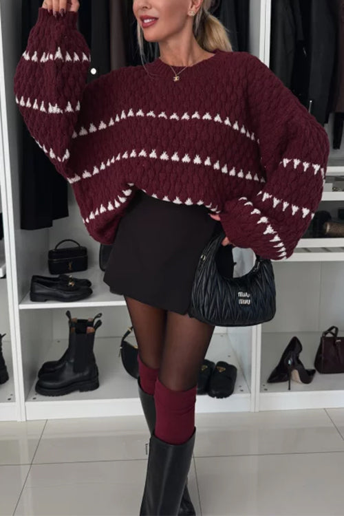 Karleedress Lantern Sleeves Color Block Chunky Knit Sweater