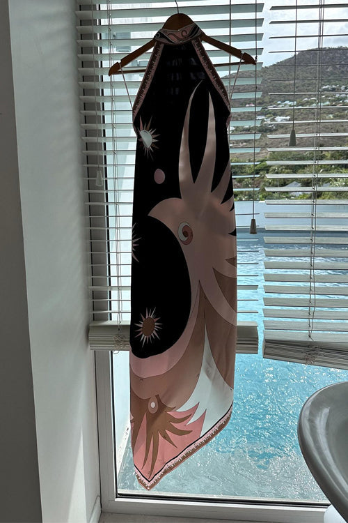 Karleedress Halter Neck Open Back Asymmetric Hem Printed Satin Midi Dress