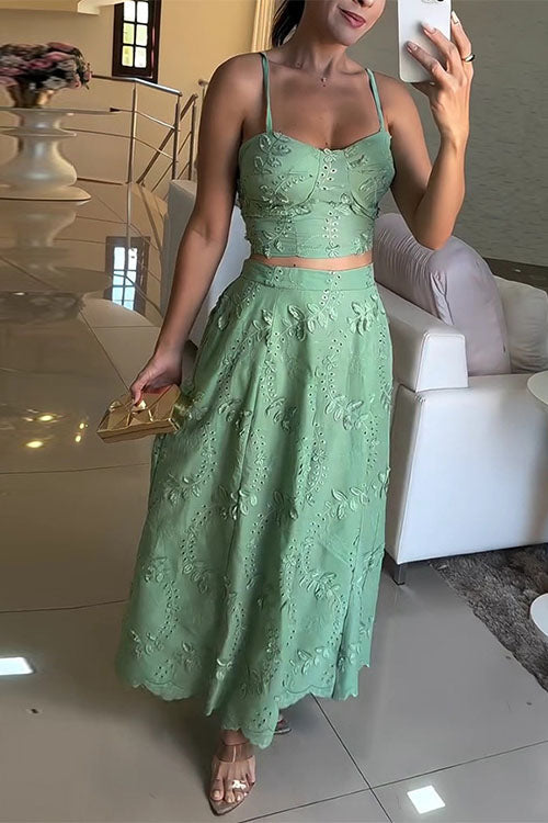 Karleedress Embroidery Crop Cami Top and Elastic Waist Swing Maxi Skirt Set
