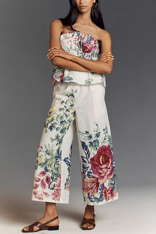 Karleedress Floral Print Strapless Ruffle Tube Top and Smocked Waist Wide Leg Pants