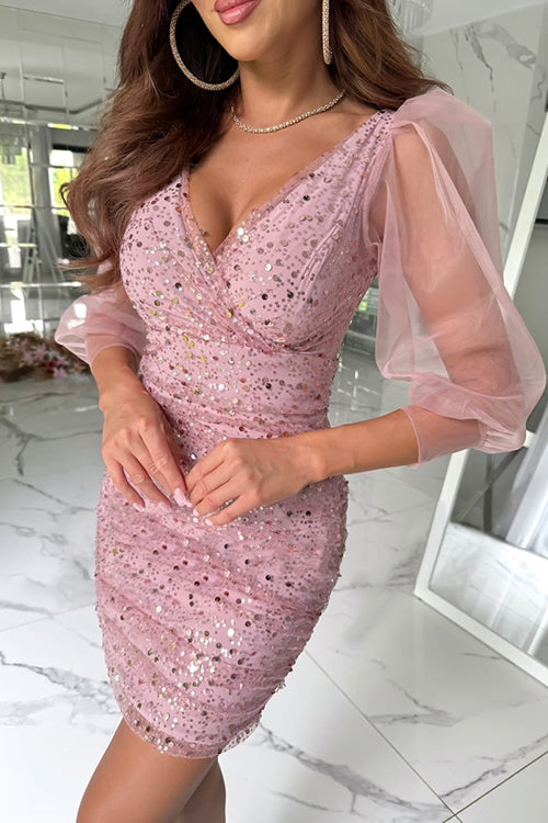 Karleedress V Neck Ruched Mesh Sequin Bodycon Mini Dress