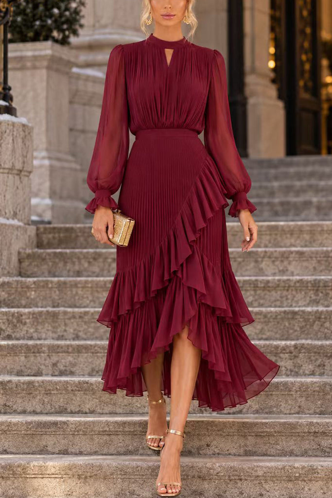 Karleedress Mock Neck Sheer Sleeve Pleated Ruffle High-Low Midi Dress (A)
