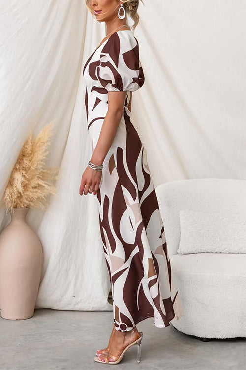 V Neck Puff Short Sleeves Printed Maxi Dress