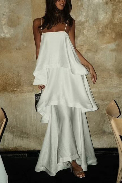 Karleedress Spaghetti Strap Ruffle Layered Satin Maxi Dress