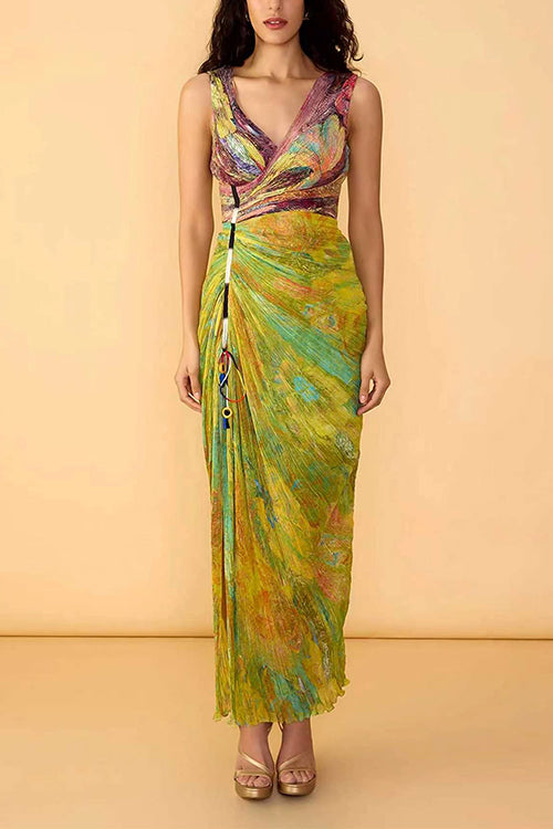 V Neck Sleeveless Printed High Slit Maxi Dress