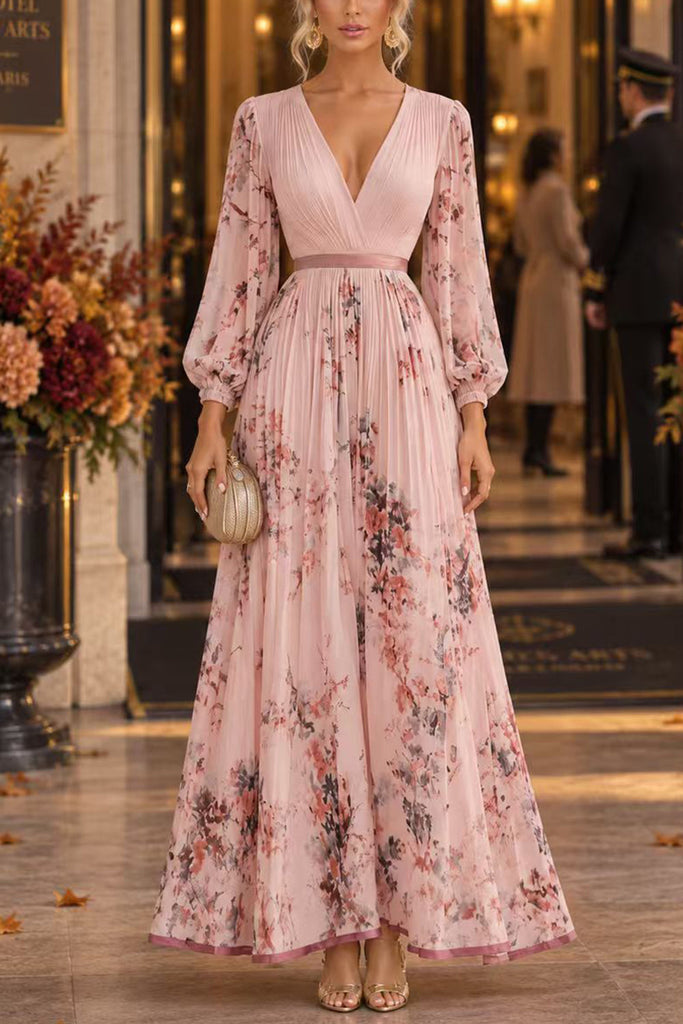 Karleedress V Neck Lantern Long Sleeves Floral Print Pleated Maxi Dress (C)