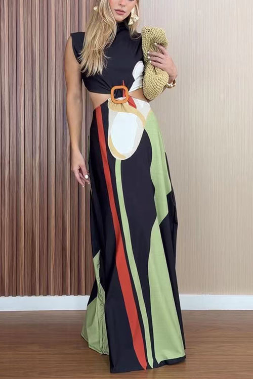 Karleedress Mockneck Sleeveless Cut Out Waist Printed Maxi Dress