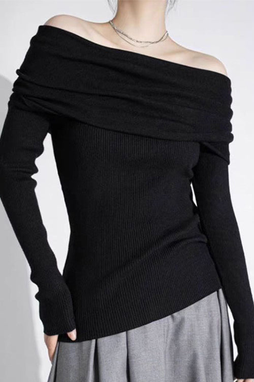 Karleedress Off Shoulder Long Sleeves Ribbed Knit Sweater