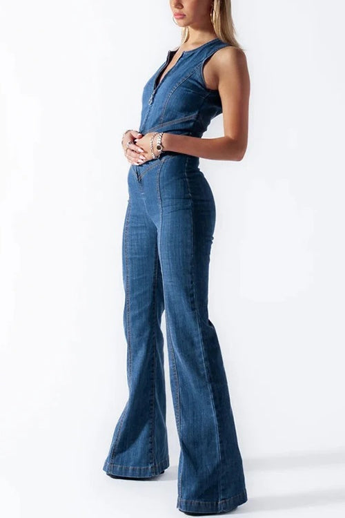 Karleedress Zip Up Sleeveless Heart Back Bell Bottom Denim Jumpsuit