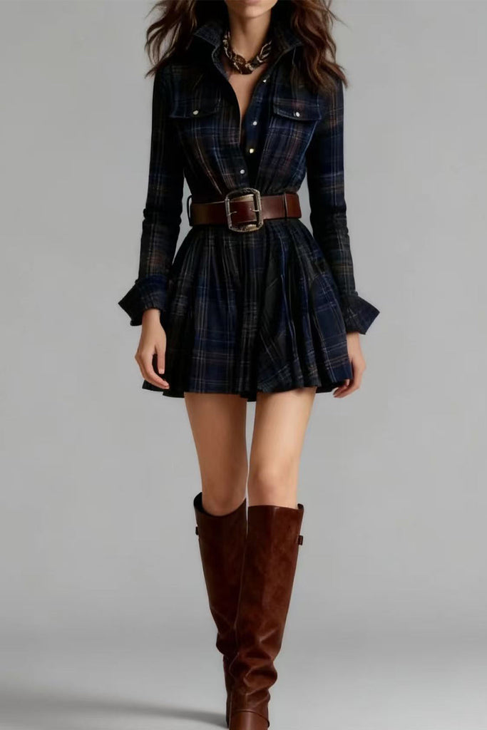 Karleedress Lapel Long Sleeves Button Up Plaid Mini Dress