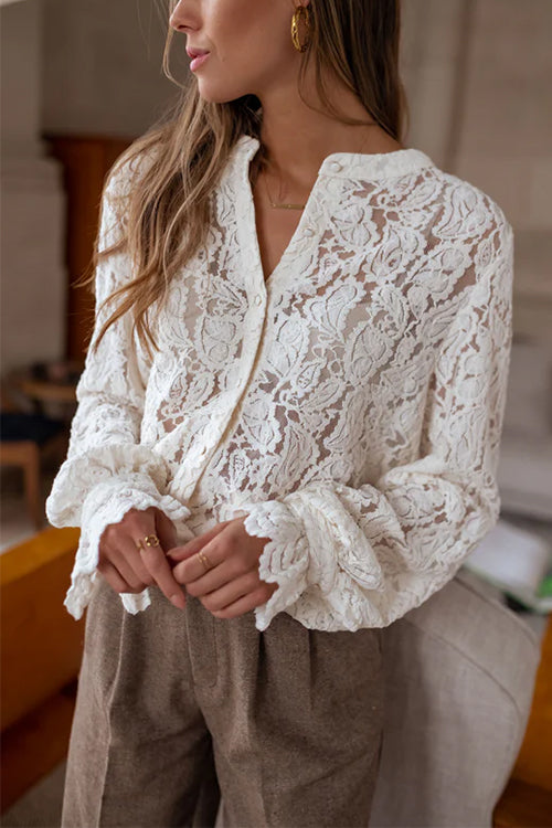 Karleedress Ruffle Long Sleeves Button Up Lace Shirt