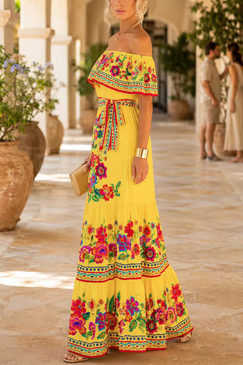 Karleedress Off Shoulder Floral Print Ruffle Swing Maxi Dress
