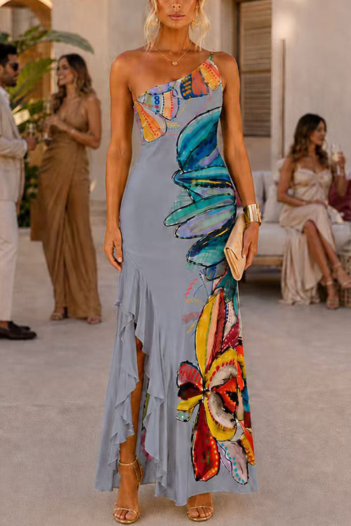 One Shoulder Sleeveless Floral Print Ruffle Slit Maxi Dress