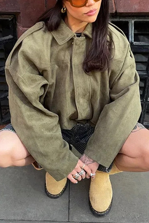 Karleedress Lapel Zip Up Trendy Bomber Jacket