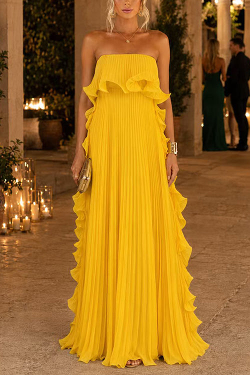 Karleedress Elegant Strapless Tube Ruffle Pleated Maxi Dress