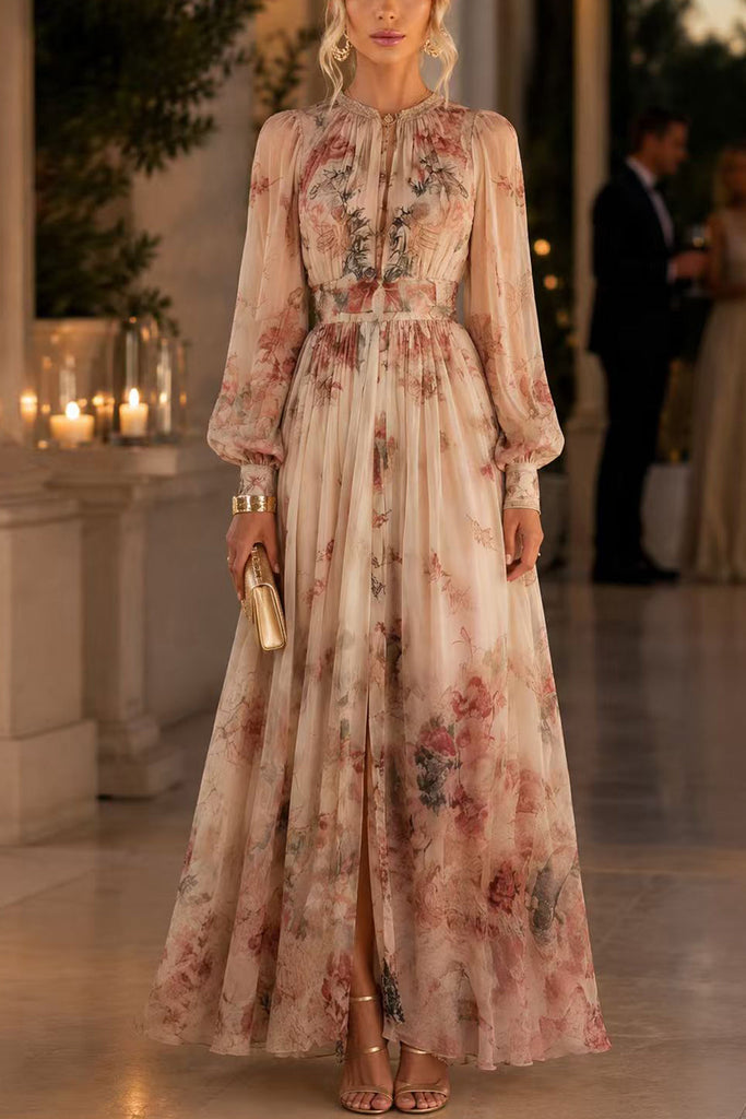 Karleedress Puff Long Sleeves High Waist Floral Print Maxi Dress