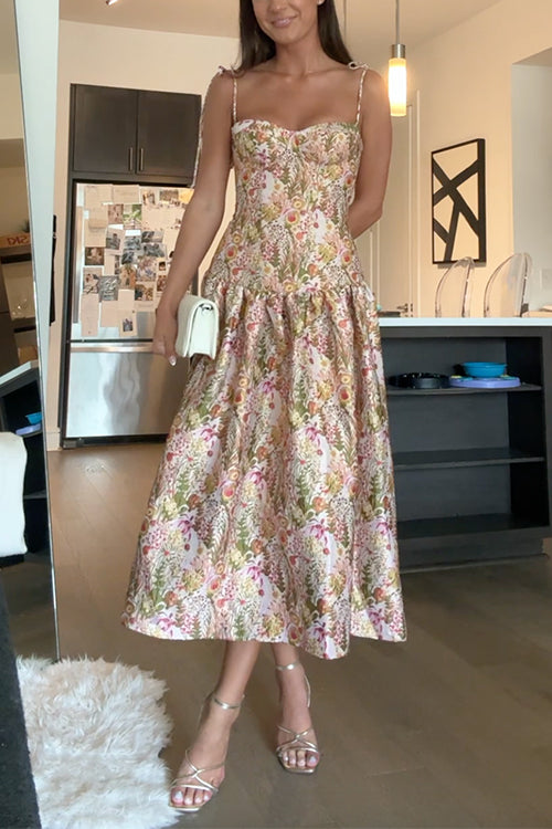 Tie Shoulder Drop Waist Jacquard Midi Cami Dress